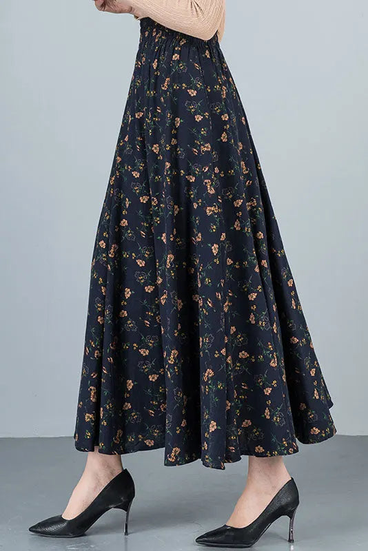 Floral Cotton Linen Maxi Skirt - High Waist Elastic A-Line 4109
