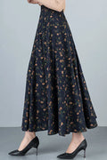 Floral Cotton Linen Maxi Skirt - High Waist Elastic A-Line 4109