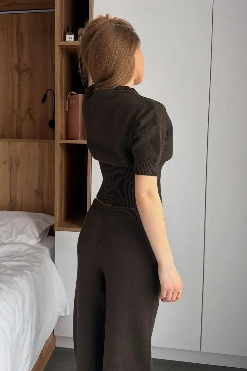 Cropped Zip Knit Top Wide Leg Pants Set