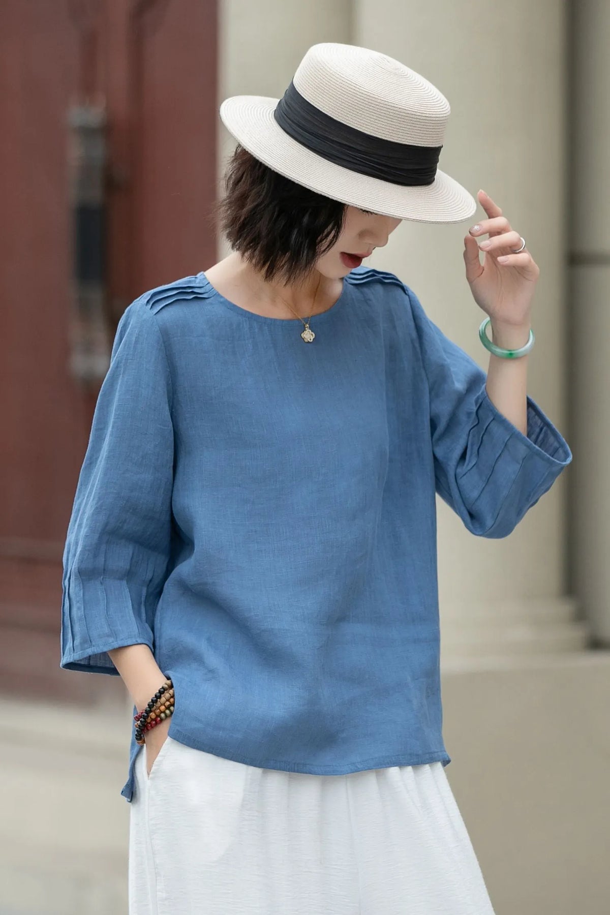 Blue Linen Blouse - Loose Fit with Boat Neckline 5221