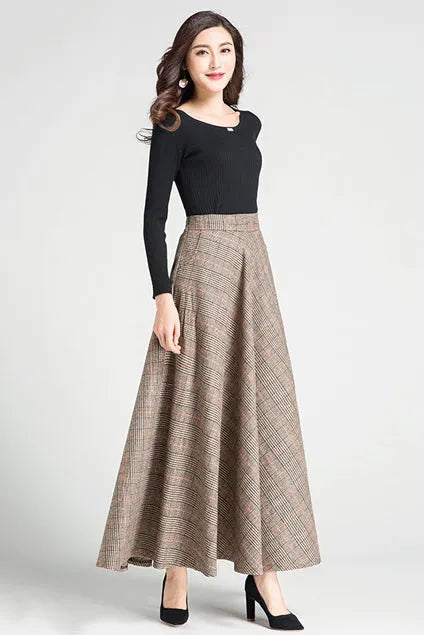 Plaid Wool Maxi Skirt - Swing Silhouette with Belt Loops 3794