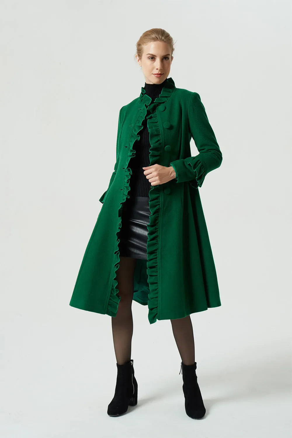 Women’s Green Wool Blend Coat with Ruffled Trim – Vintage Winter Coat 