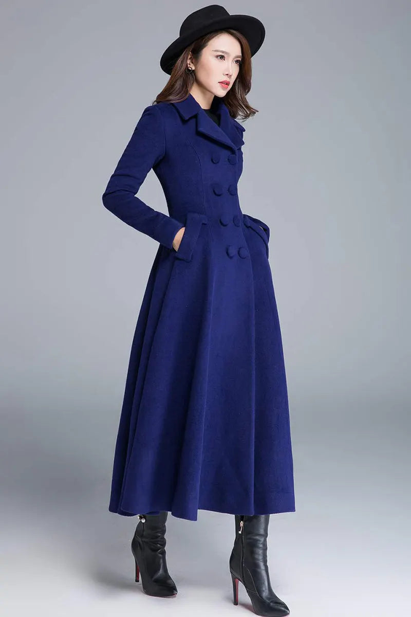 Blue Wool Winter Coat – Double Breasted Long Overcoat with Pockets  1685
