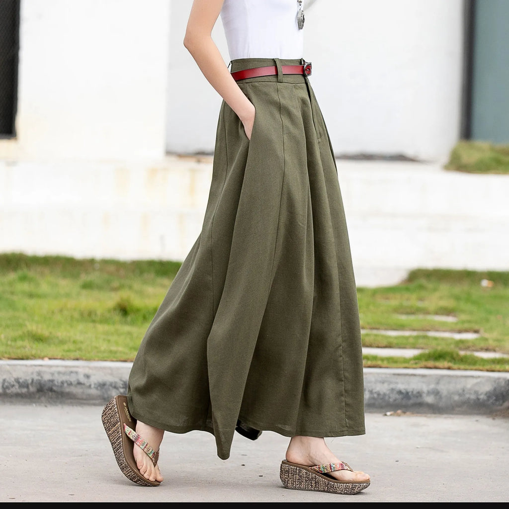 Olive Green Linen Cotton Skirt – Handmade A-Line Maxi Skirt for Women 