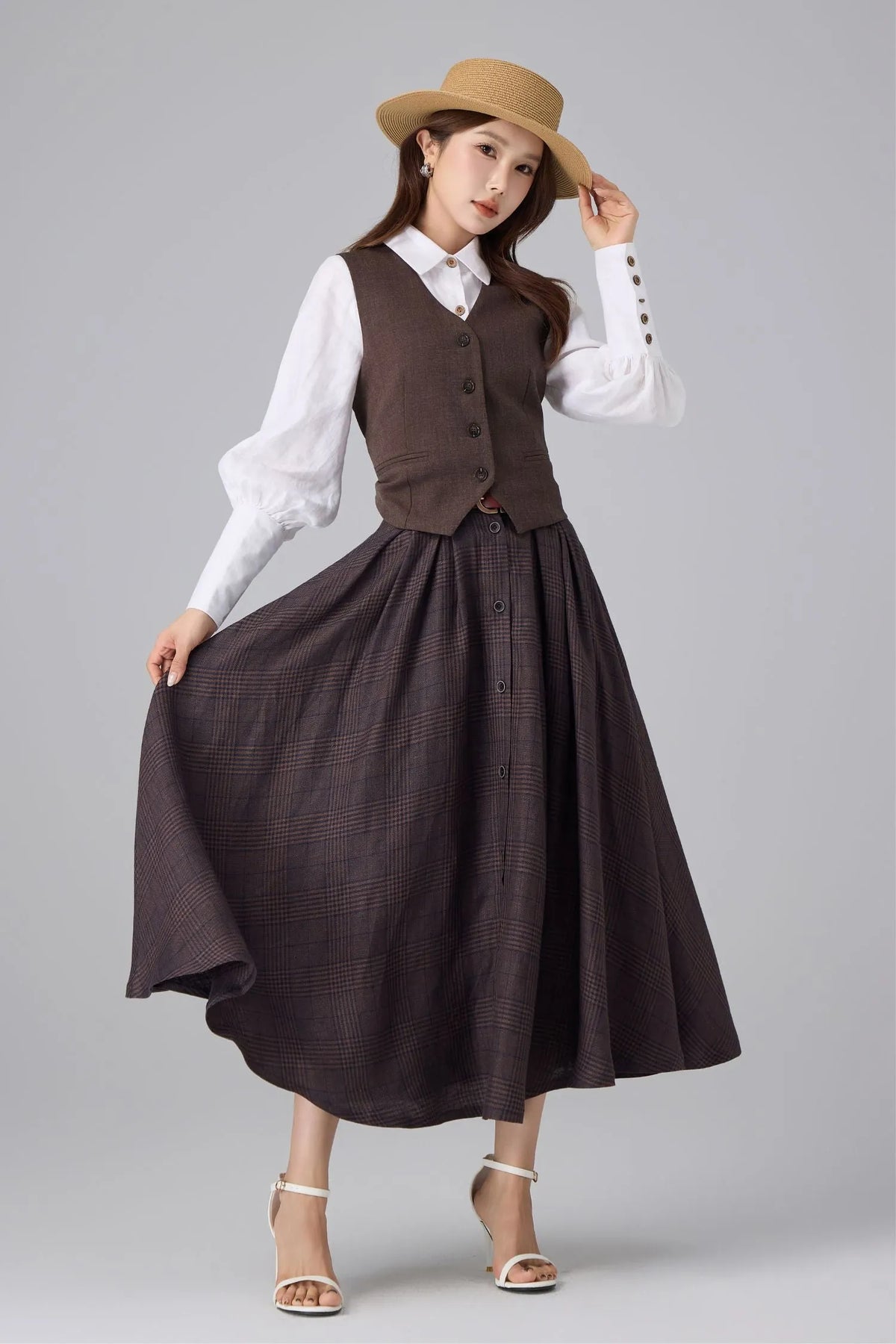 Brown Linen Cotton Skirt - Plaid High Waist 
