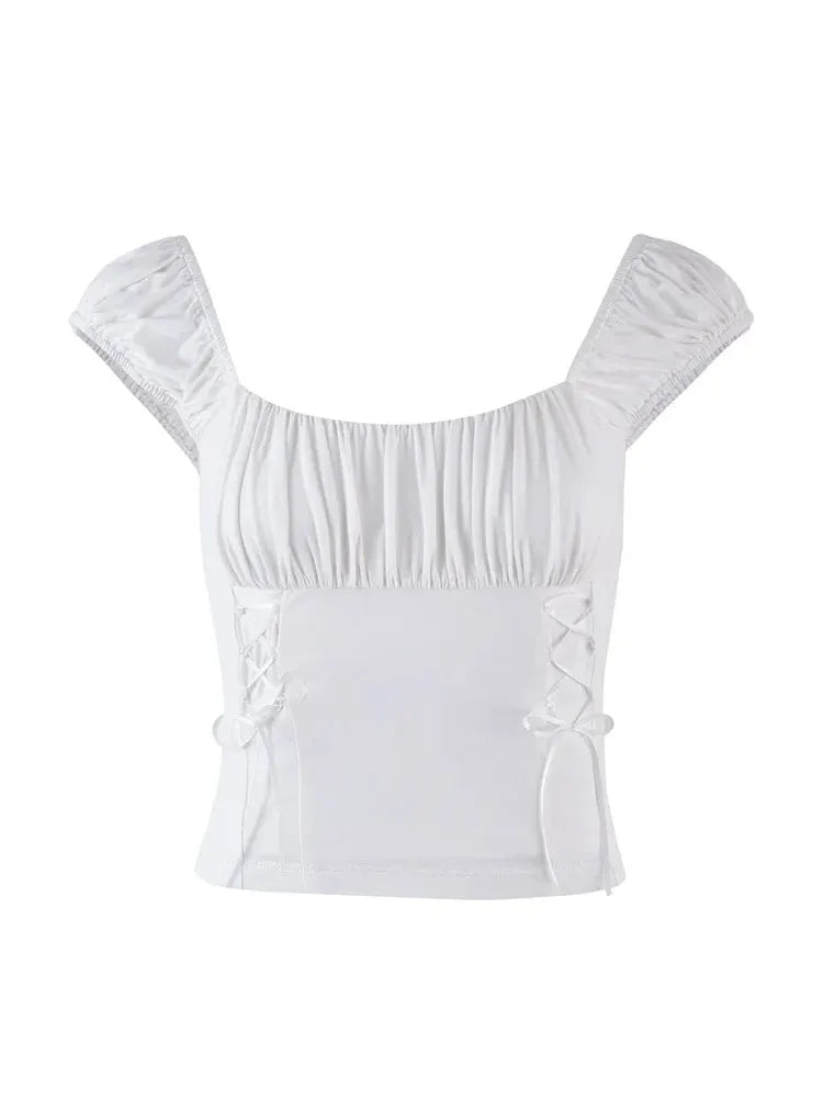 Ruched Short Slim Fit Short Sleeve Side Tie Up Solid Color T-shirts