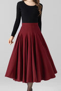 Women's Red Wool Swing Midi Skirt – Warm Winter Pleated High Waist Skirt 