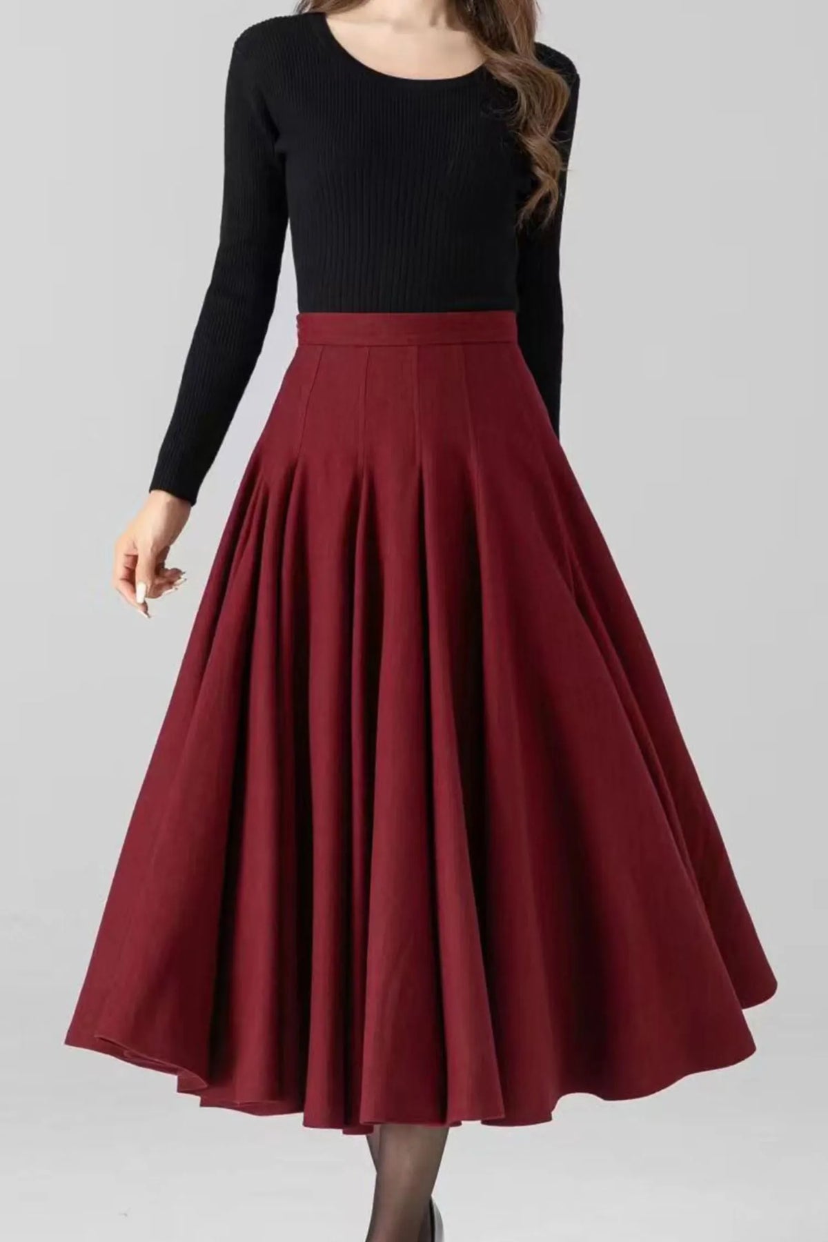 Women's Red Wool Swing Midi Skirt – Warm Winter Pleated High Waist Skirt 