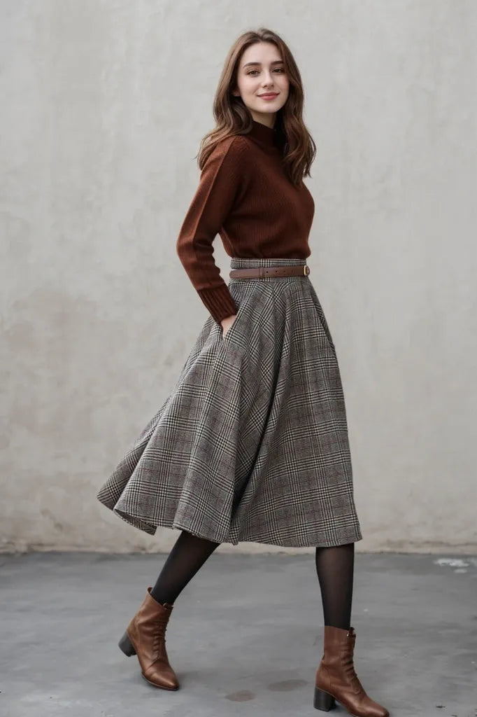 Plaid Wool Midi Skirt – Vintage High Waist Pleated Circle Skirt 5306
