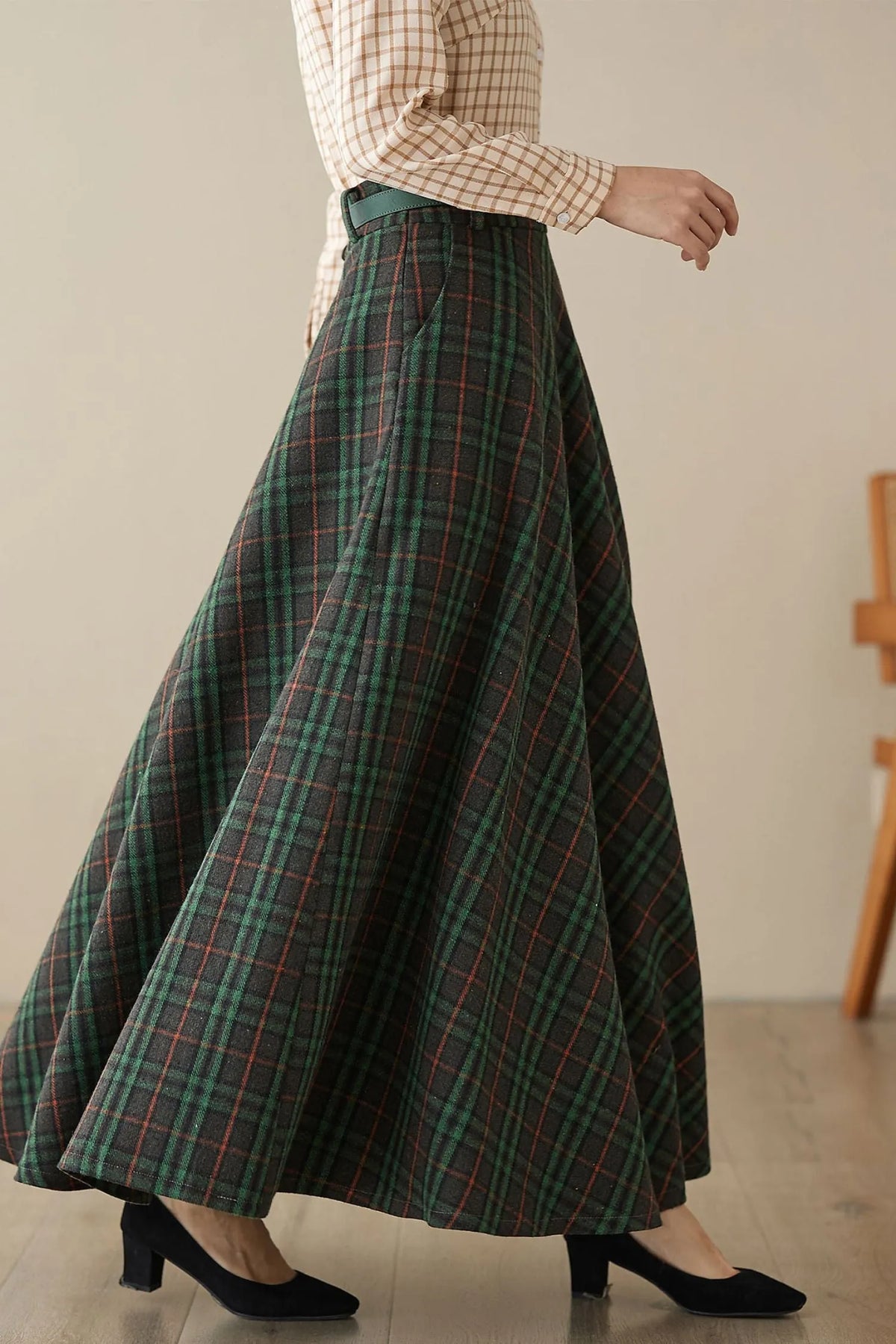 Green Plaid Wool Maxi Skirt – Vintage High Waist Ankle Length Winter Skirt with Pockets 4624