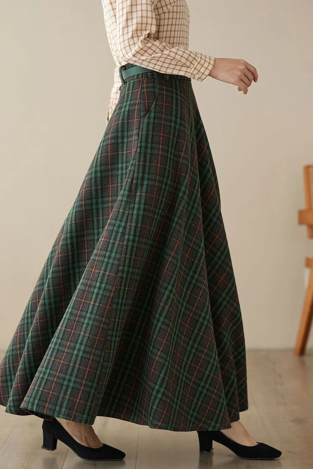 Plaid Wool Long Skirt - Flared Ankle-Length Classic 5260