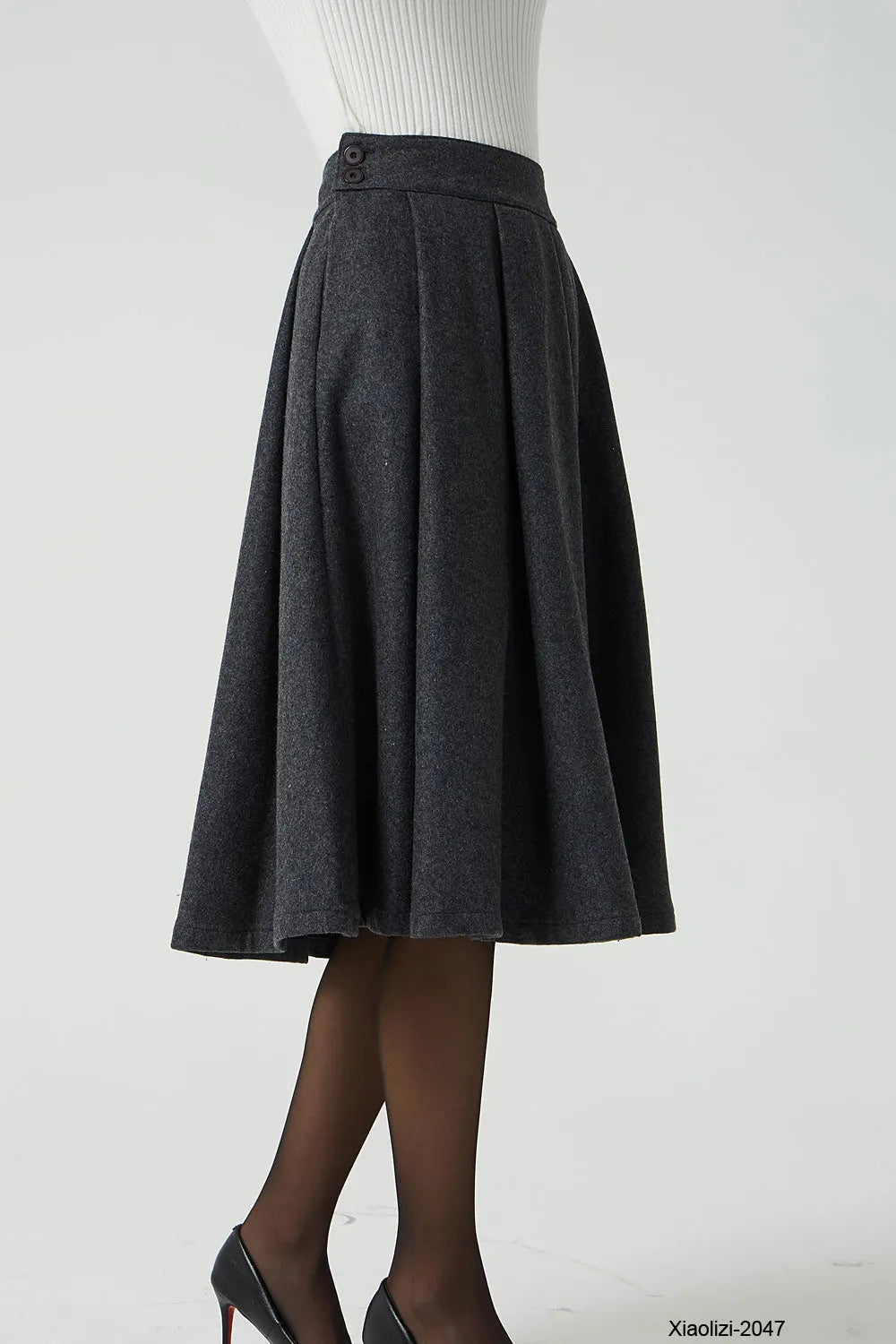 Handmade Wool Pleated Skirt – Dark Gray High Waist Knee Length 