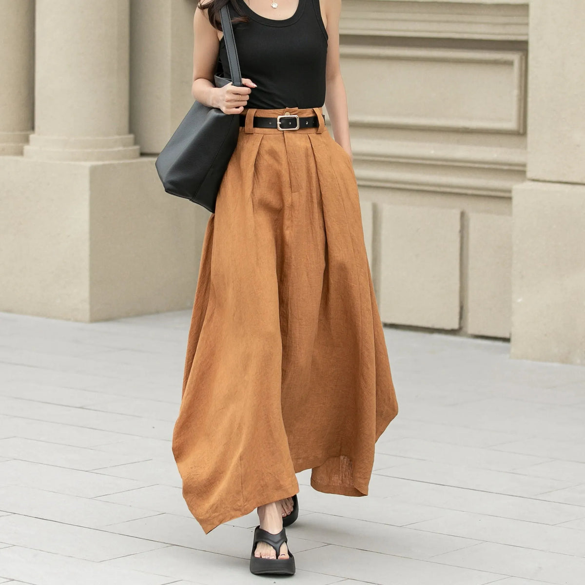 Camel Linen Skirt – Handmade High Waist Long Summer Skirt 