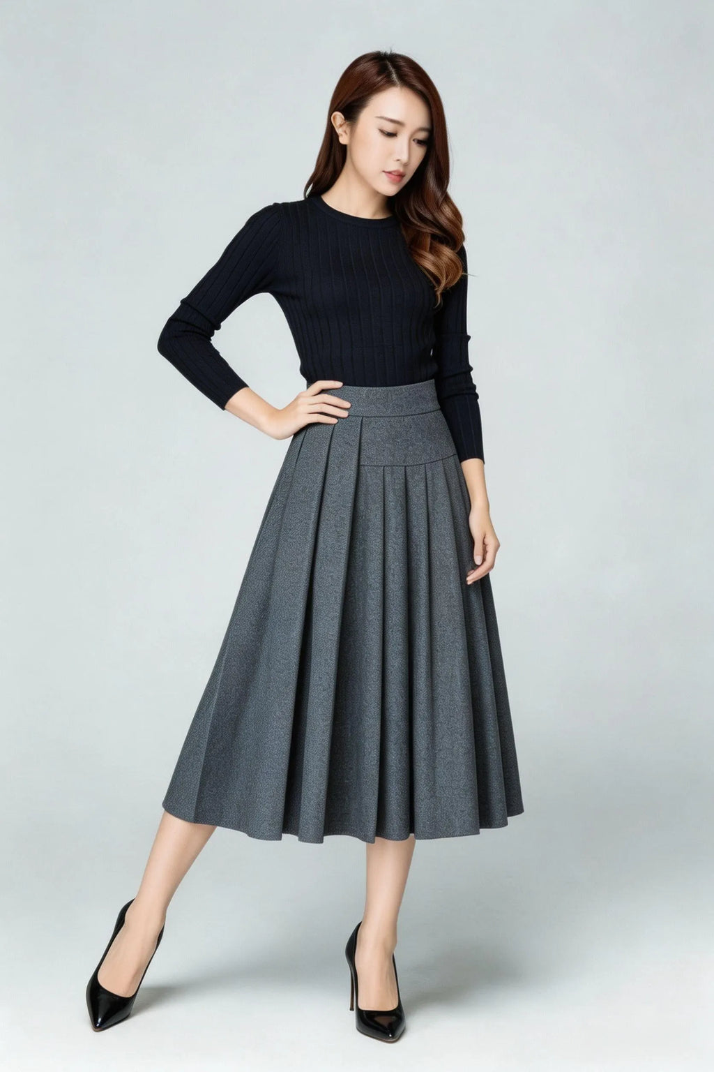 Gray Wool Blend A-Line Midi Skirt - High Waist Pleated Elegance 6926