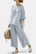 Rensleigh | Sophisticated Blue Striped Linen Top & Relaxed Pants