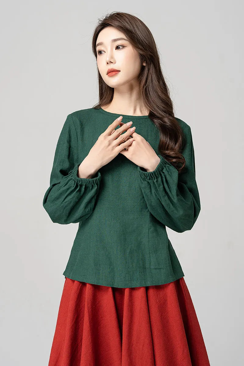 Green Linen Blouse - Lantern Sleeve Relaxed Fit 4183