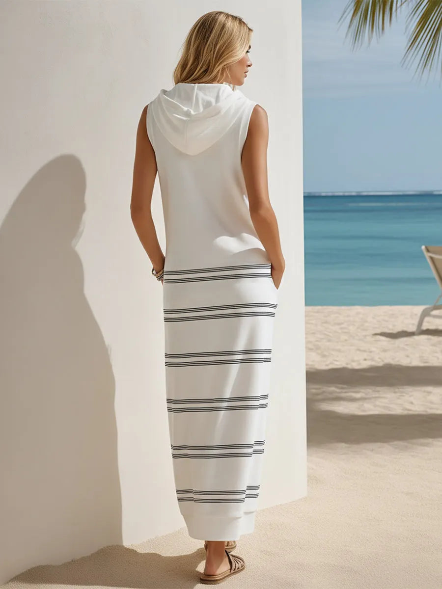 Sailing Vacation White Sleeveless Hooded Black Striped Maxi Dress