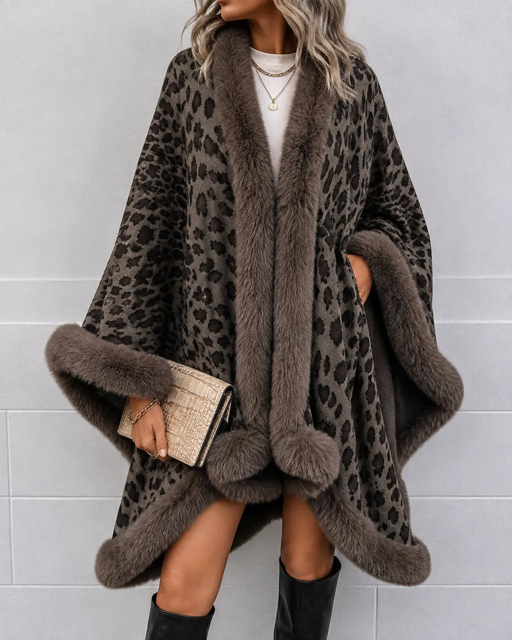 Leopard Faux Fur Trim Poncho