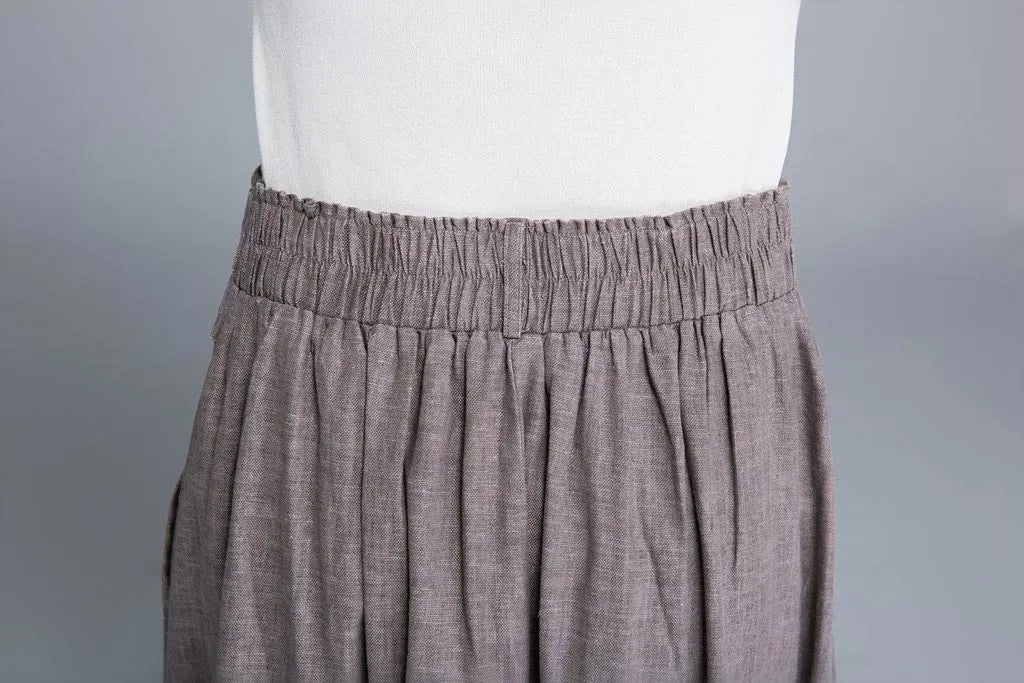 Light Brown Linen Midi Skirt - Fitted Waist, Button Detail 1663