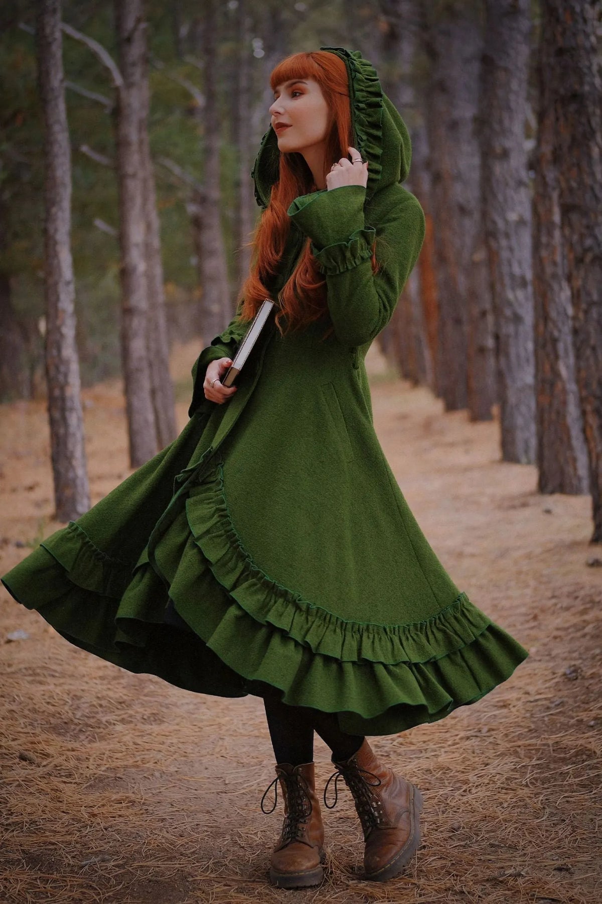 Green Wool Coat with Hood and Ruffled Trim - Long, Flowy Silhouette 3967