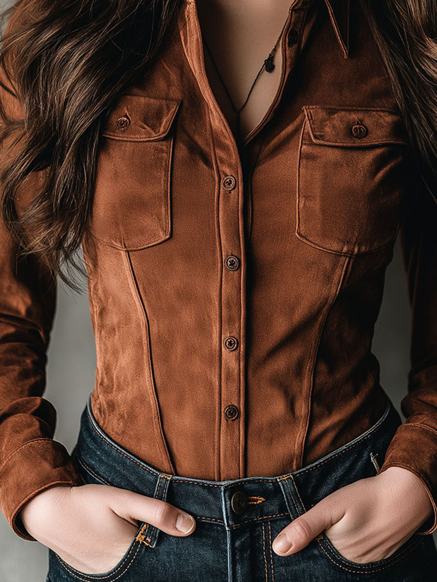 Chic Chestnut Microsuede Button-Up Corset Shirt