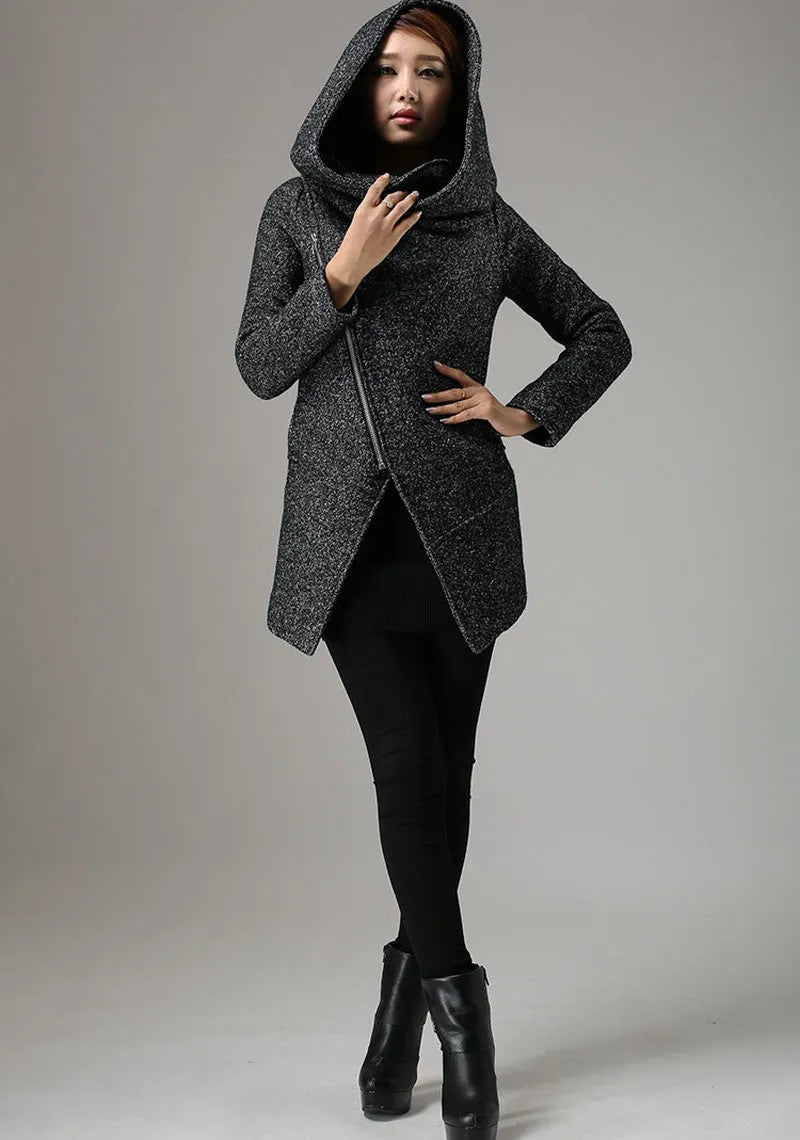 Charcoal Black Biker Wool Coat – Cowl Neck Hooded Winter Jacket 