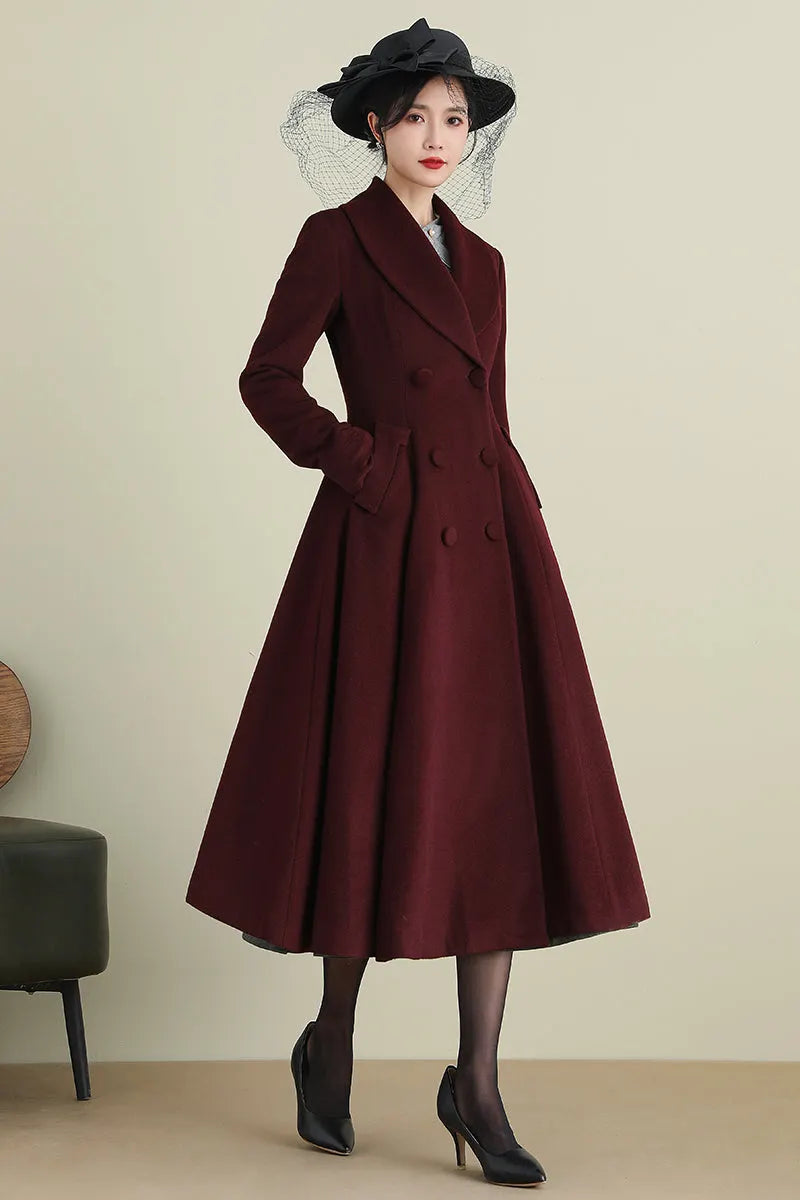 Elegant Wool Blend Coat – Double Breasted A-Line Long Overcoat 
