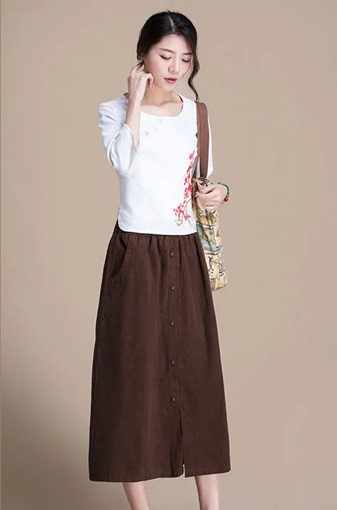 Black Linen Midi Skirt - A-Line Silhouette with Button Front J084-4