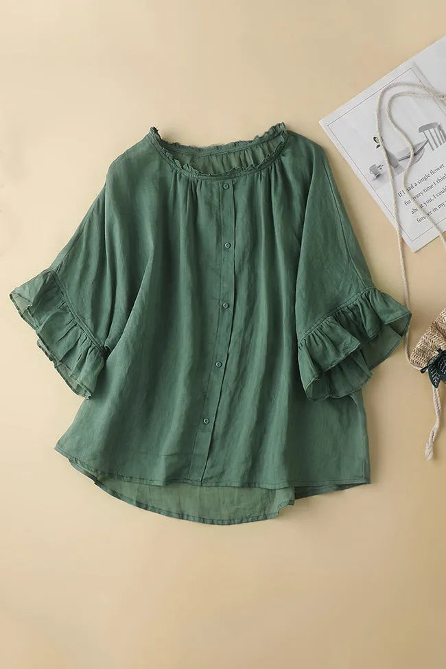 Green Linen Button-Up Top - Half Sleeve V-Neck 