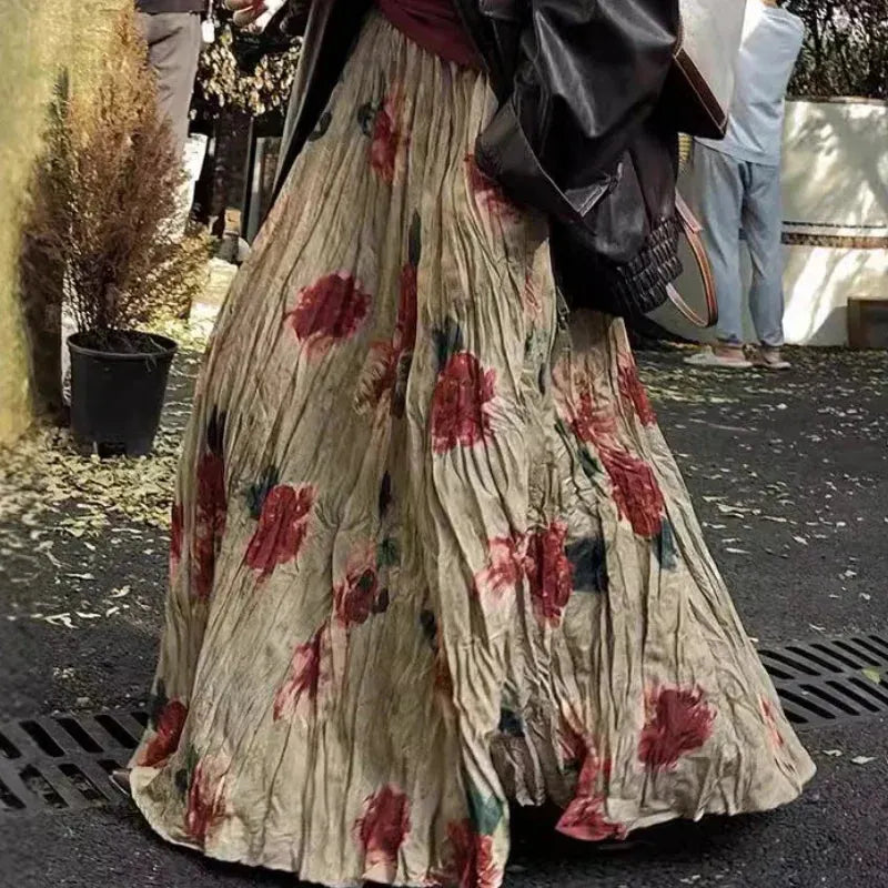 High Waist Rose Pendulum Skirt Boho Draped Pleated Vintage Maxi