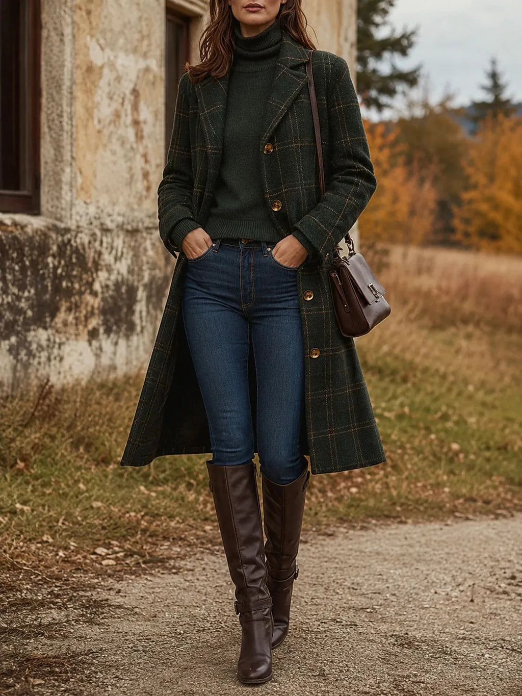 Women's Button Plaid Wool Coat