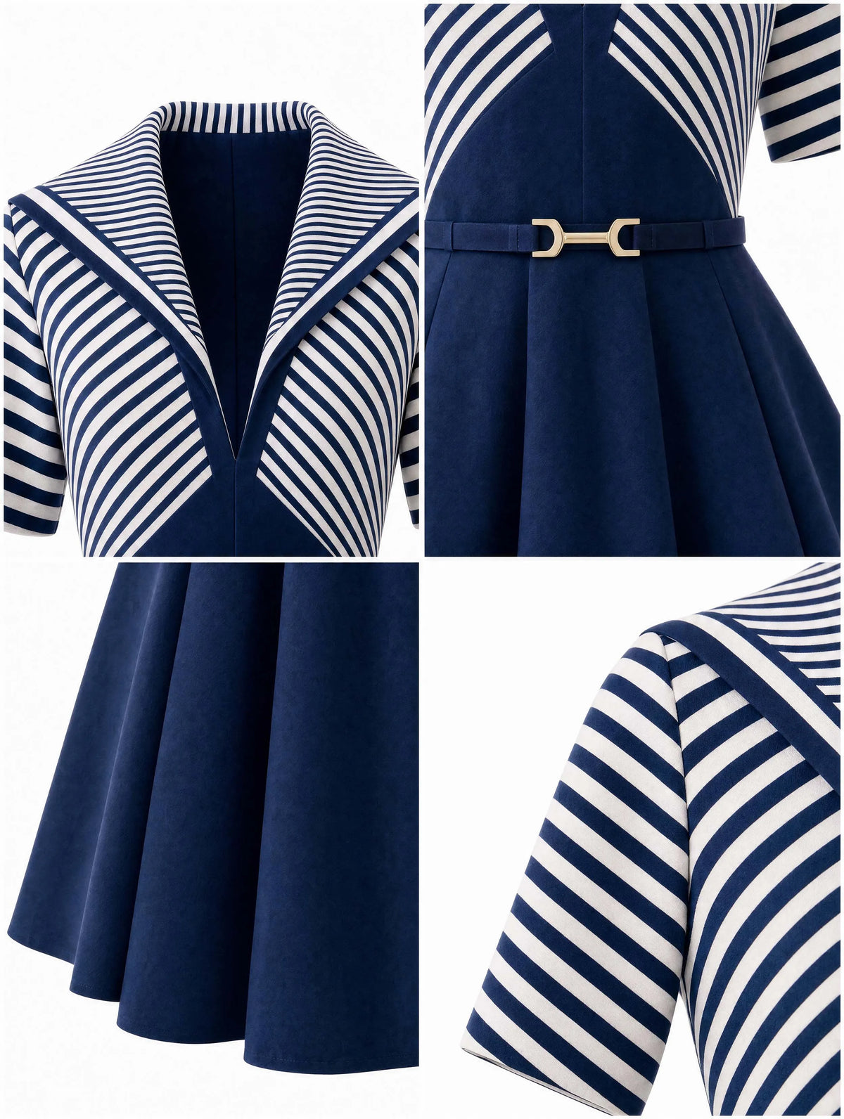Vintage Stripe Patchwork Waist‑Fit Midi Dress