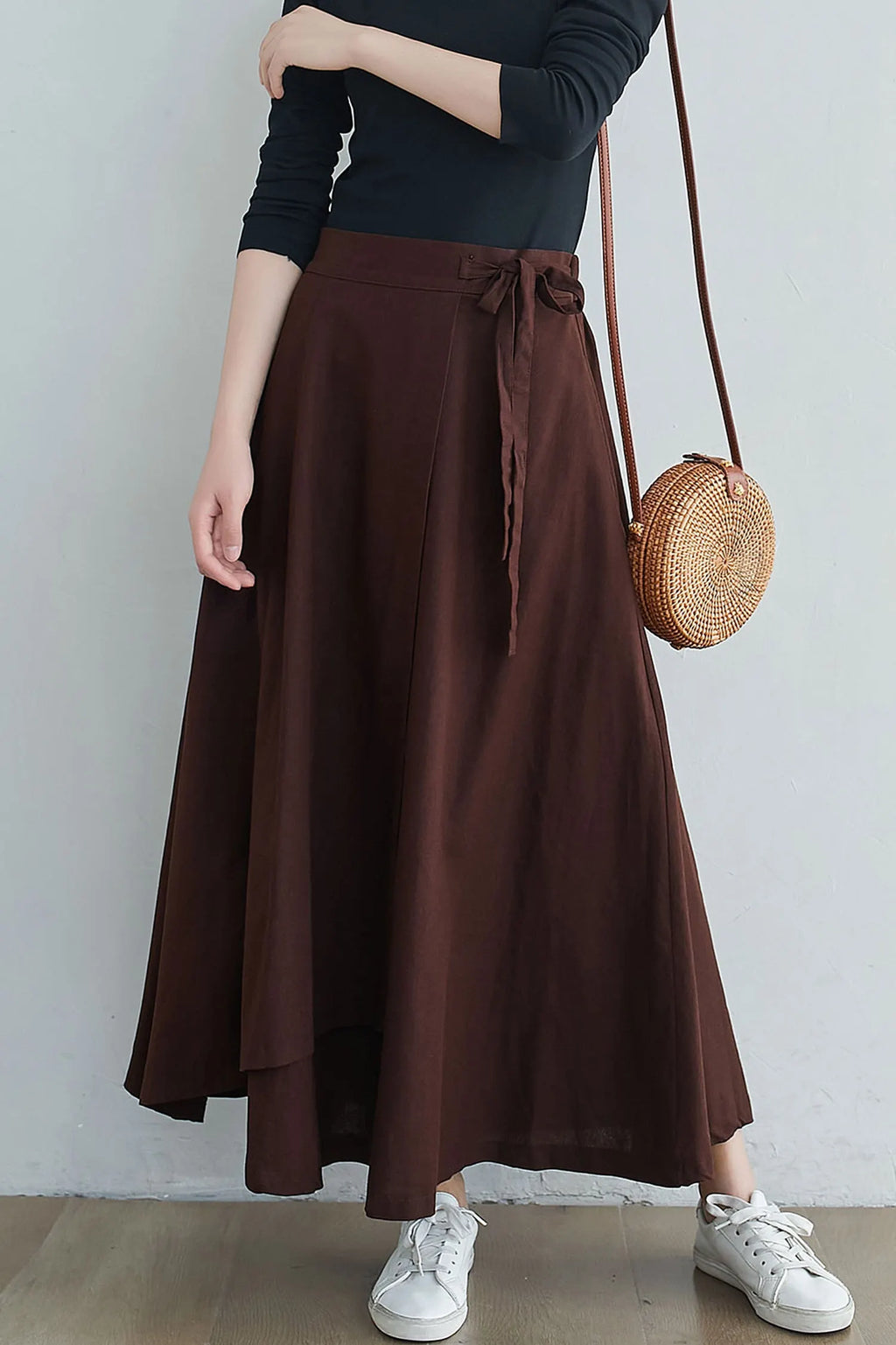 Brown Linen Blend Long Wrap Skirt - Asymmetrical, Elastic Waist 2553