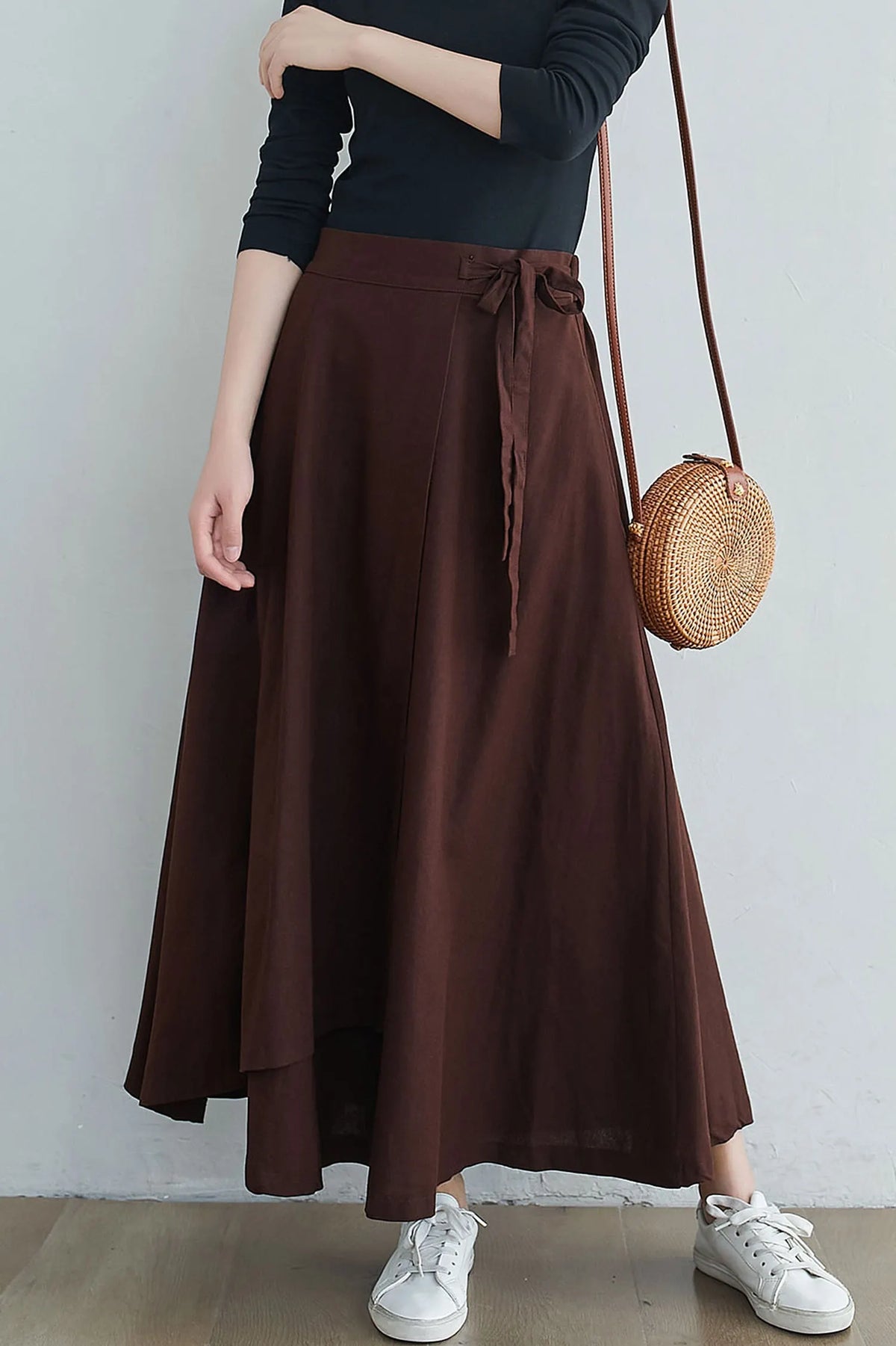 Brown Linen Blend Long Wrap Skirt - Asymmetrical, Elastic Waist 2553