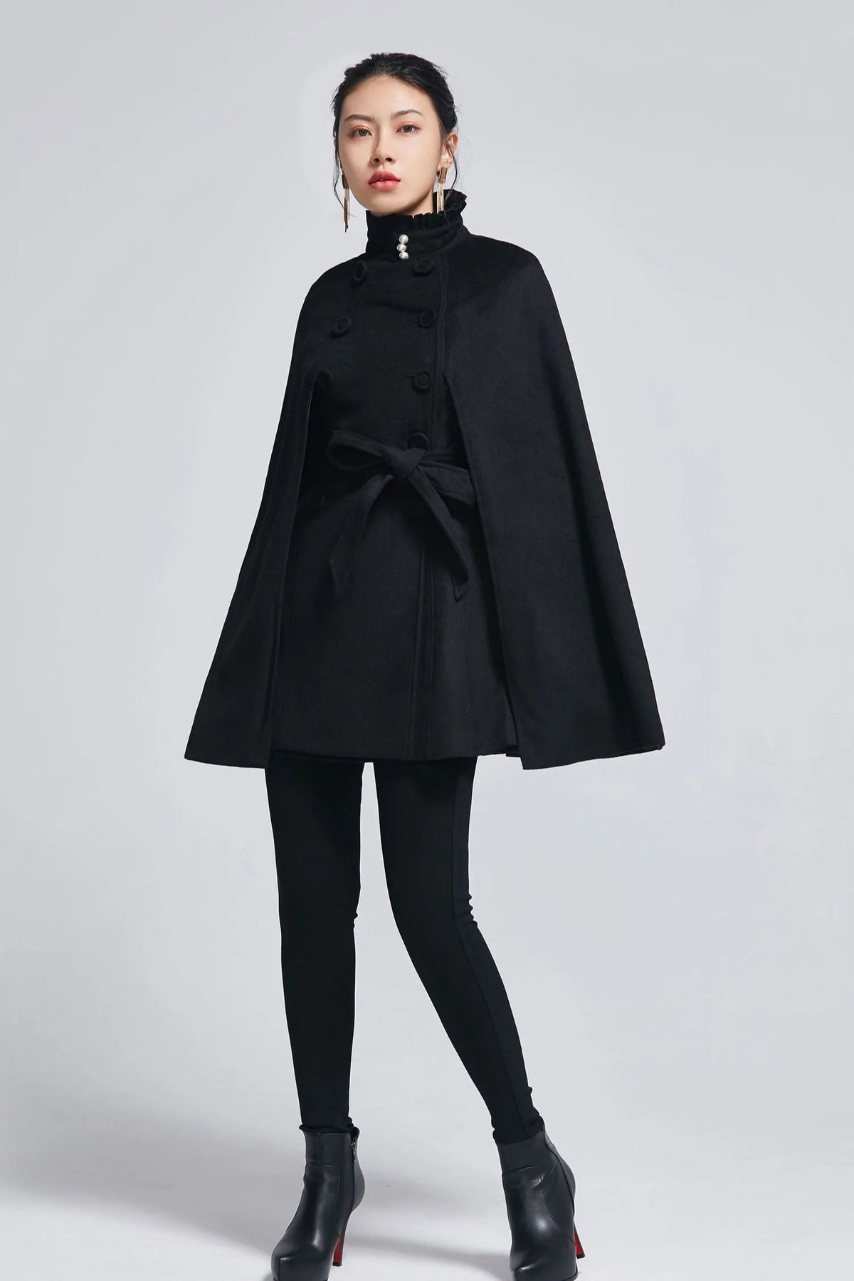 Black Wool Cape Coat - Stand Collar with Ruffle Accents 2278