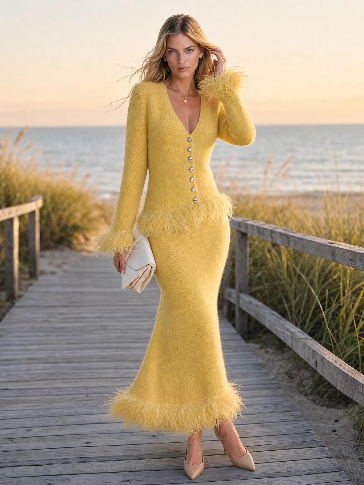 Retro-chic Yellow Knitted Skirt Set With Feather Fringe Details