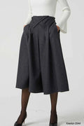 Gray Wool Midi Skirt - Pleated with Elastic Waist and Pockets 2044
