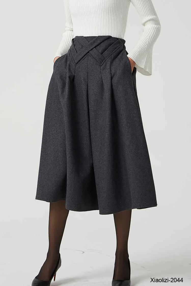 Gray Wool Midi Skirt - Pleated with Elastic Waist and Pockets 2044