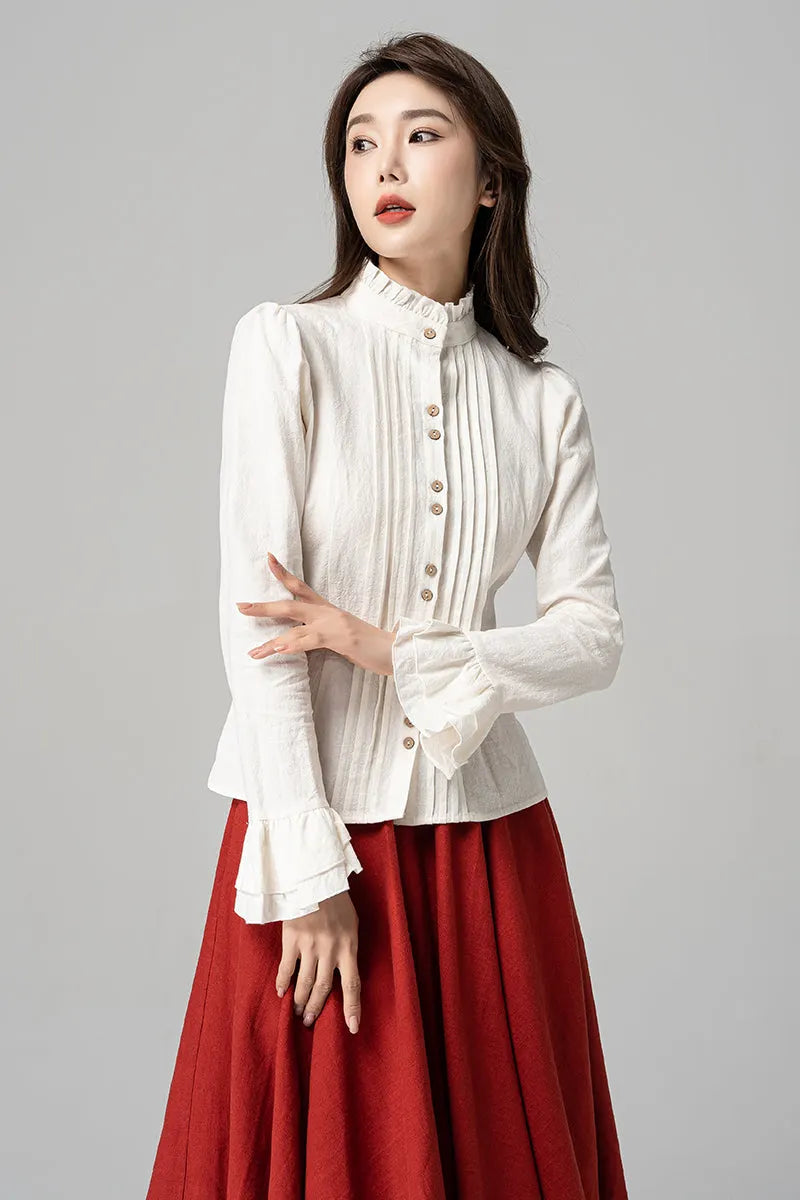 White Linen Blouse - Frill Mock Neck Lantern Sleeve Button-Up 