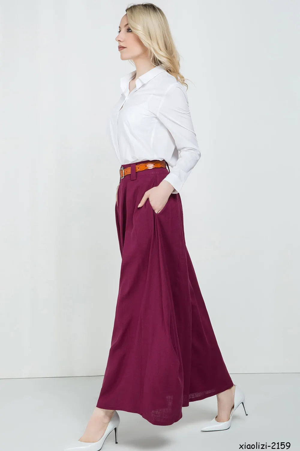 Handmade Linen Maxi Skirt – Wine Red Asymmetrical Long Skirt for Women 