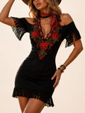 Ideal for Western Desert Roadtrips — Black V-Neck Heavy Embroidered Bodycon Short Mini Dress