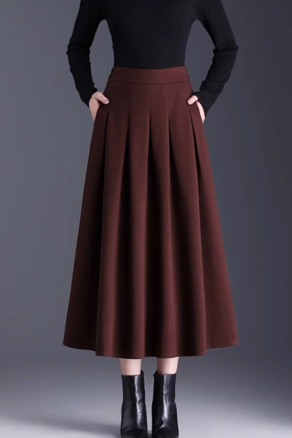 Burgundy Wool Midi Skirt - Pleated A-Line Silhouette 6138