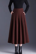 Burgundy Wool Midi Skirt - Pleated A-Line Silhouette 6138