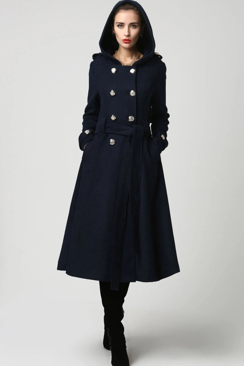 Long Wool Coat with Hood – Double Breasted Navy Blue Winter Coat with Self-Tie Belt  1114