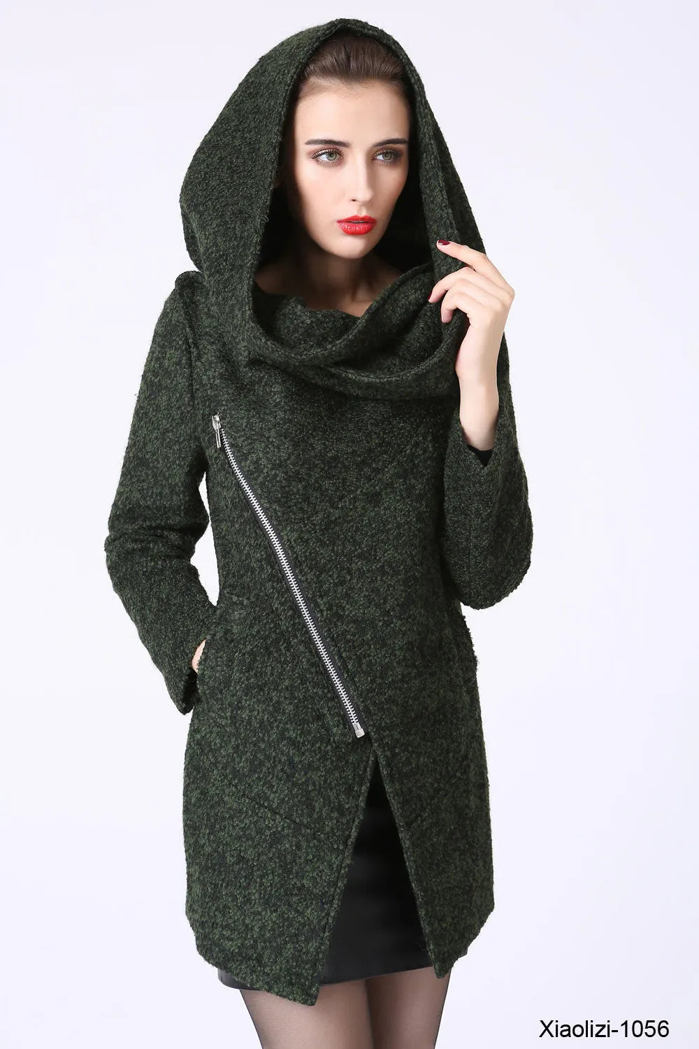 Forest Green Asymmetrical Wool Coat with Snood Hood – Modern Short Winter Jacket 1056