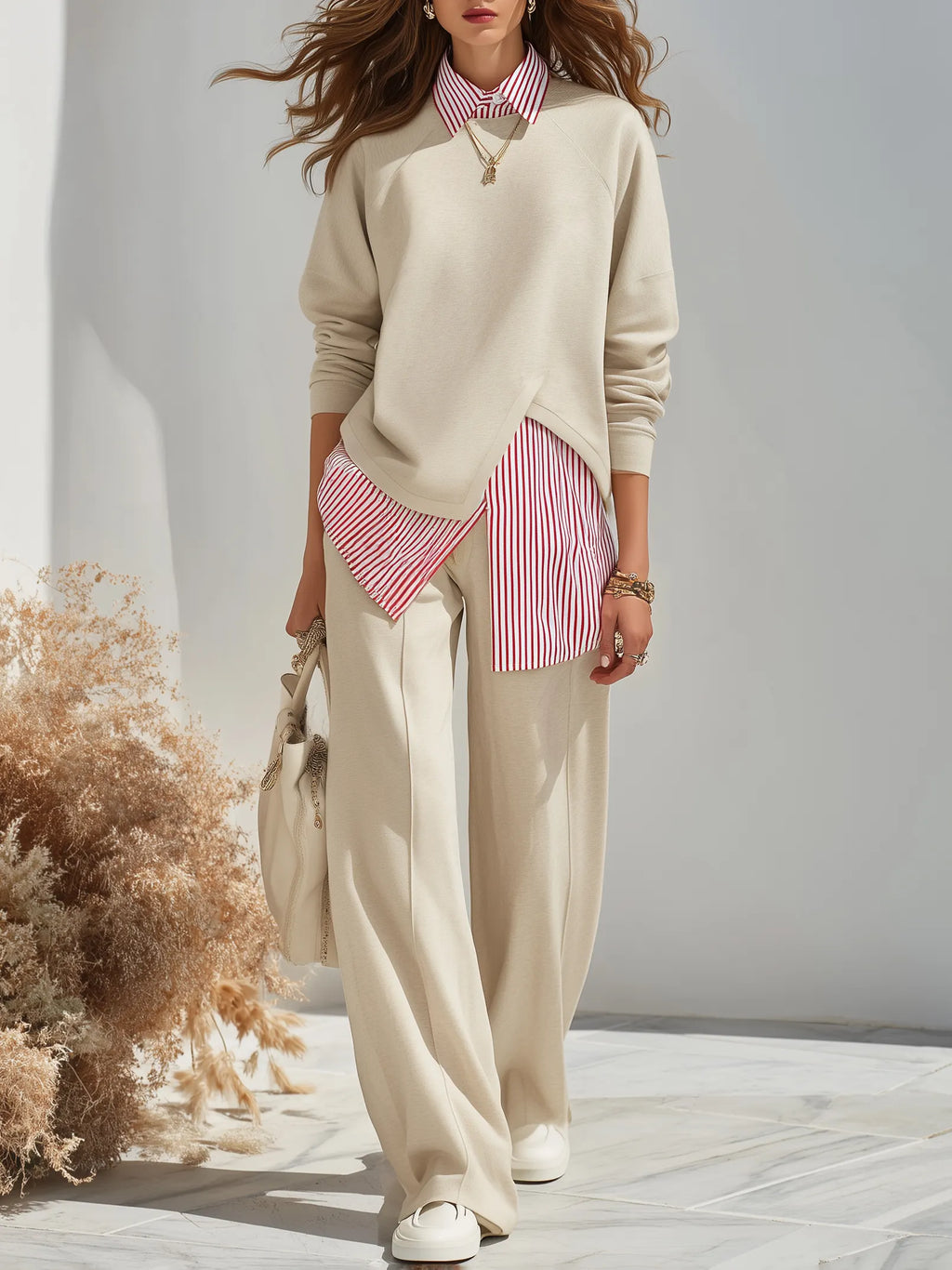 Old Money Relaxed Beige Faux Two Piece Top Wide Leg Trouser Set