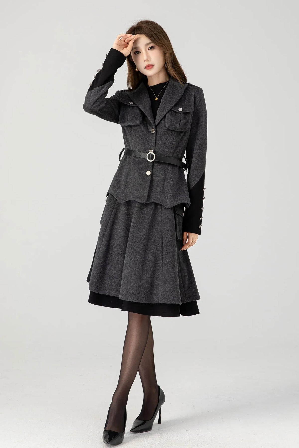 Gray Wool Military Short Coat - Relaxed Fit, Button-Flap Pockets 4605