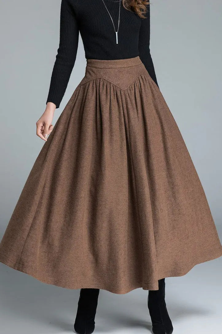 Brown Wool Maxi Skirt - Vintage High Waist A-Line Silhouette 1642