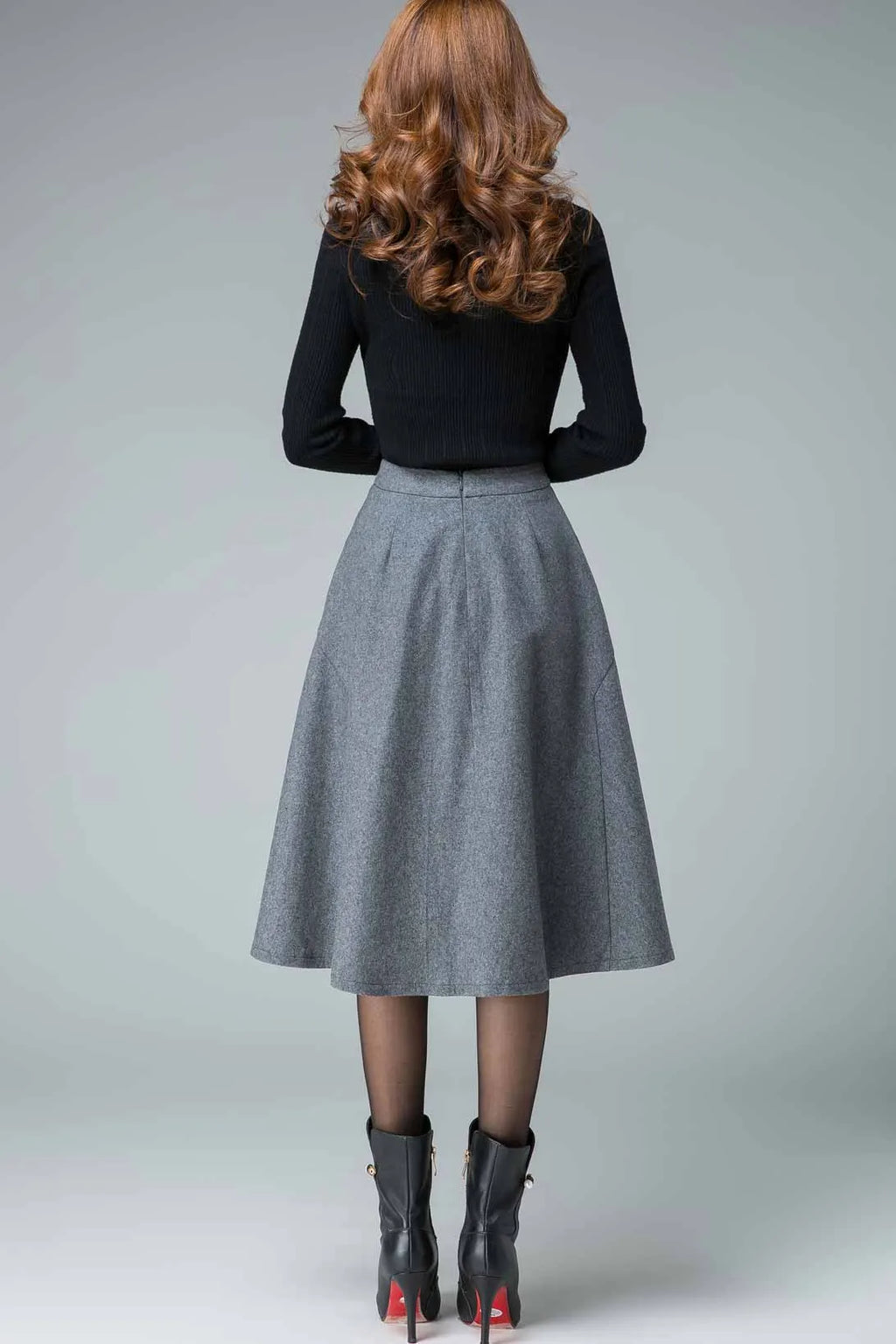 Gray Wool A-Line Skirt - Seam Detail Banded Waist 