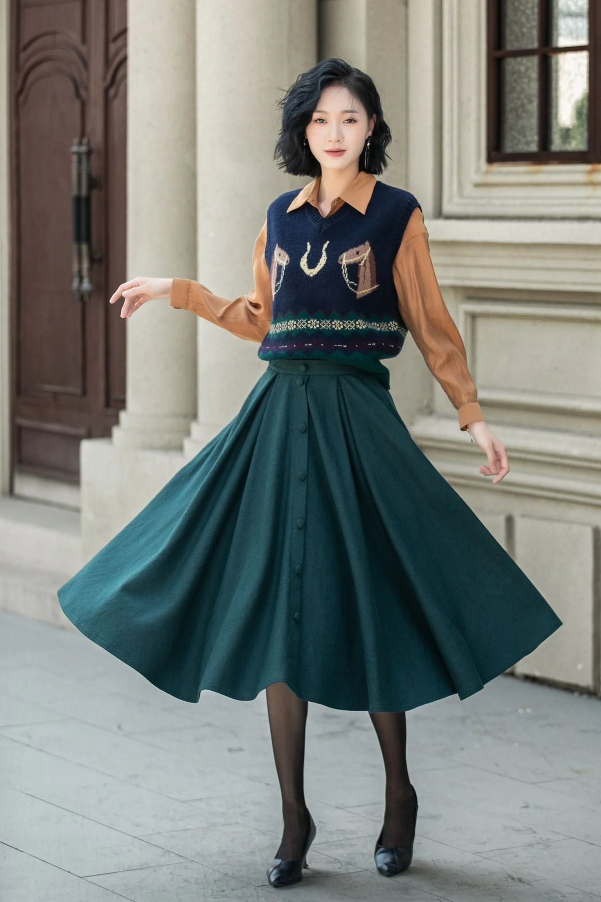 Dark Green Wool Midi Skirt - Flared A-Line with Elastic Waist 5311
